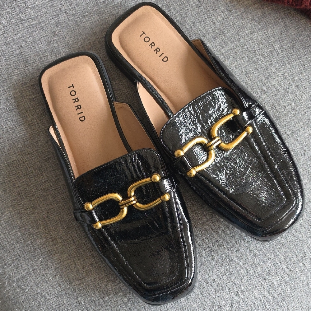 Torrid Black Patent Slip-On Mules with Gold Horsebit